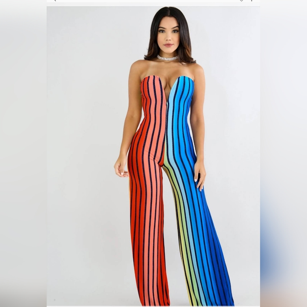 Strapless Rainbow Multi Stripe Sweetheart V Neck Wide Leg Jumpsuit Large
